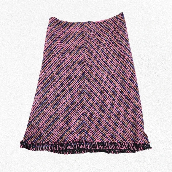 Y2K Pink Tweed Fringe Skirt W.D.N.Y. Silk Blend A-Line Knee Length Skirt Size 8 - Picture 10 of 10